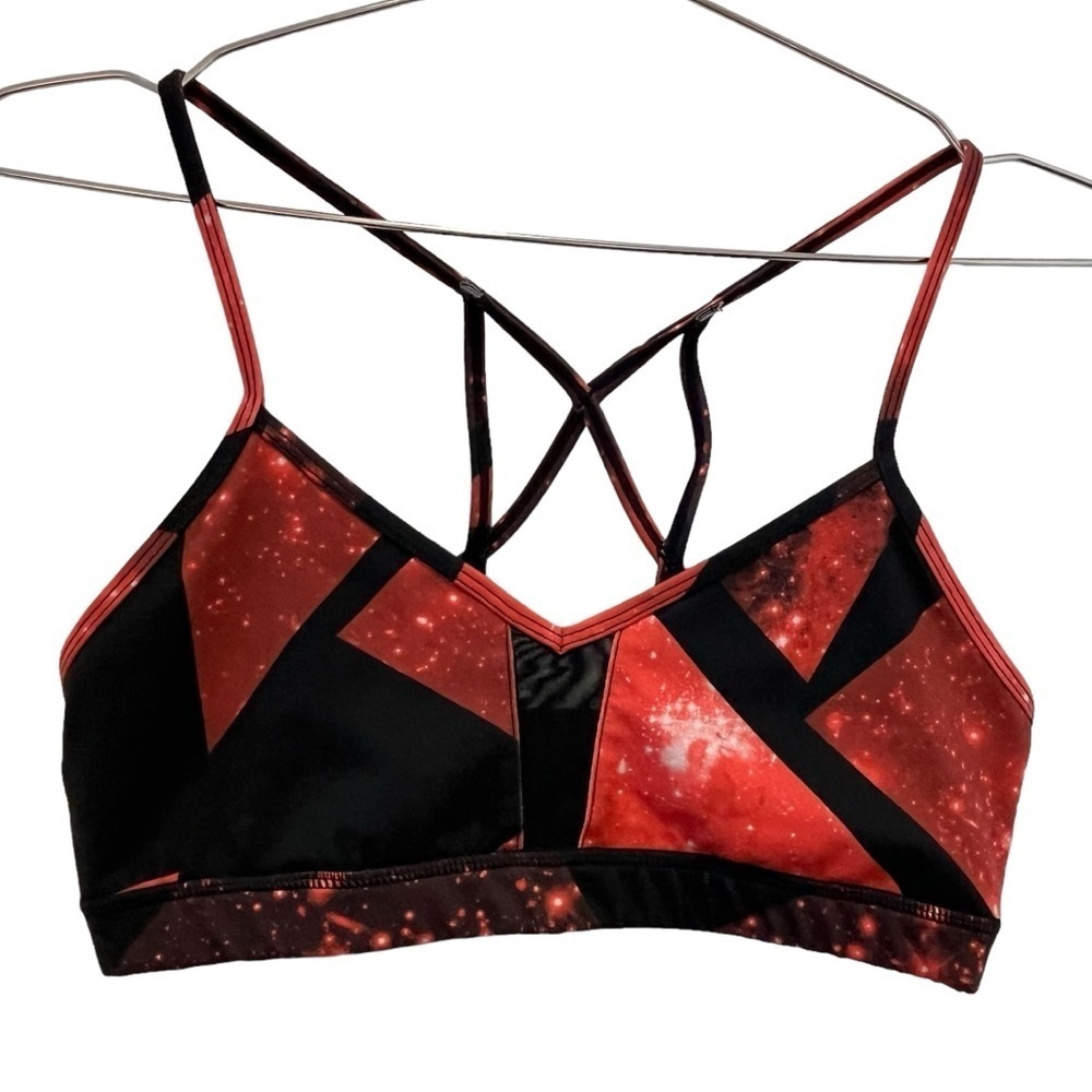 ALO Yoga Goddess Sports Bra Volcano Space Strappy Mesh Black Red Athletic